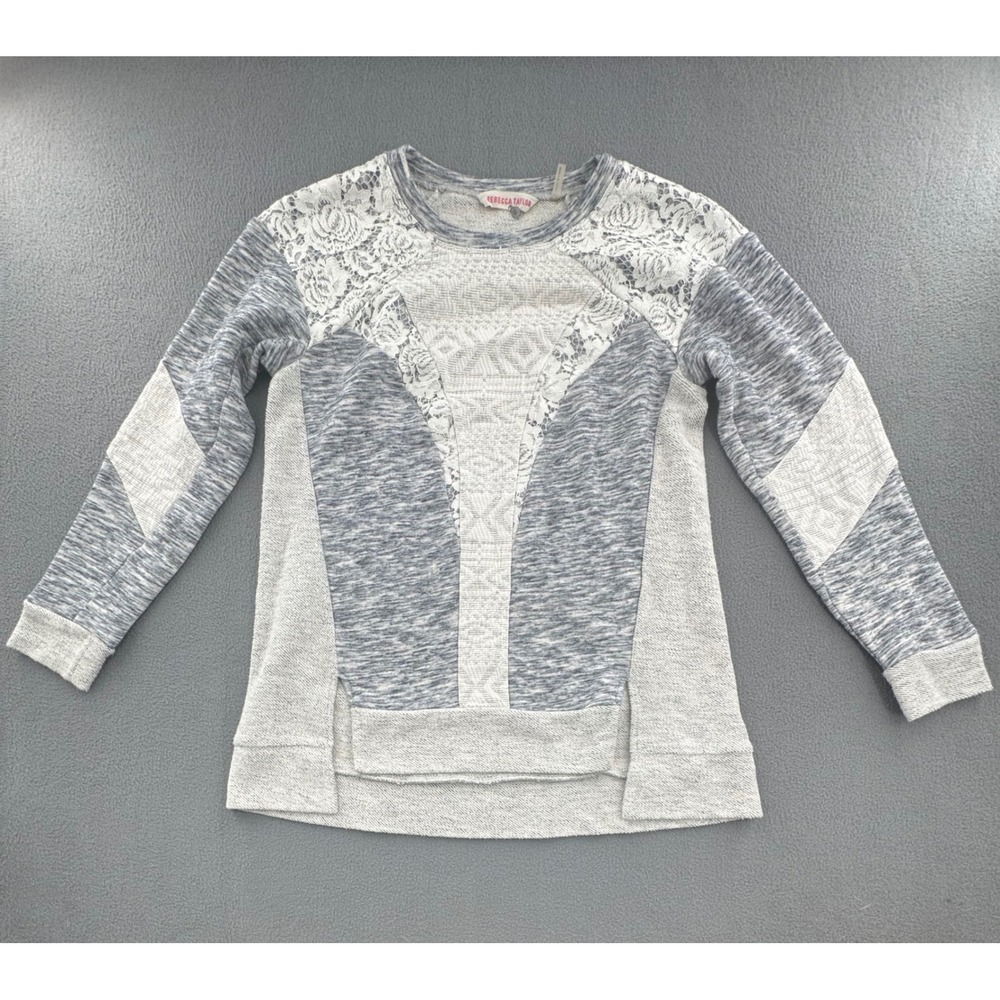 Rebecca Taylor Sweatshirt S Gray Lace Tweed Mixed Media Top Boho Chic Glam
